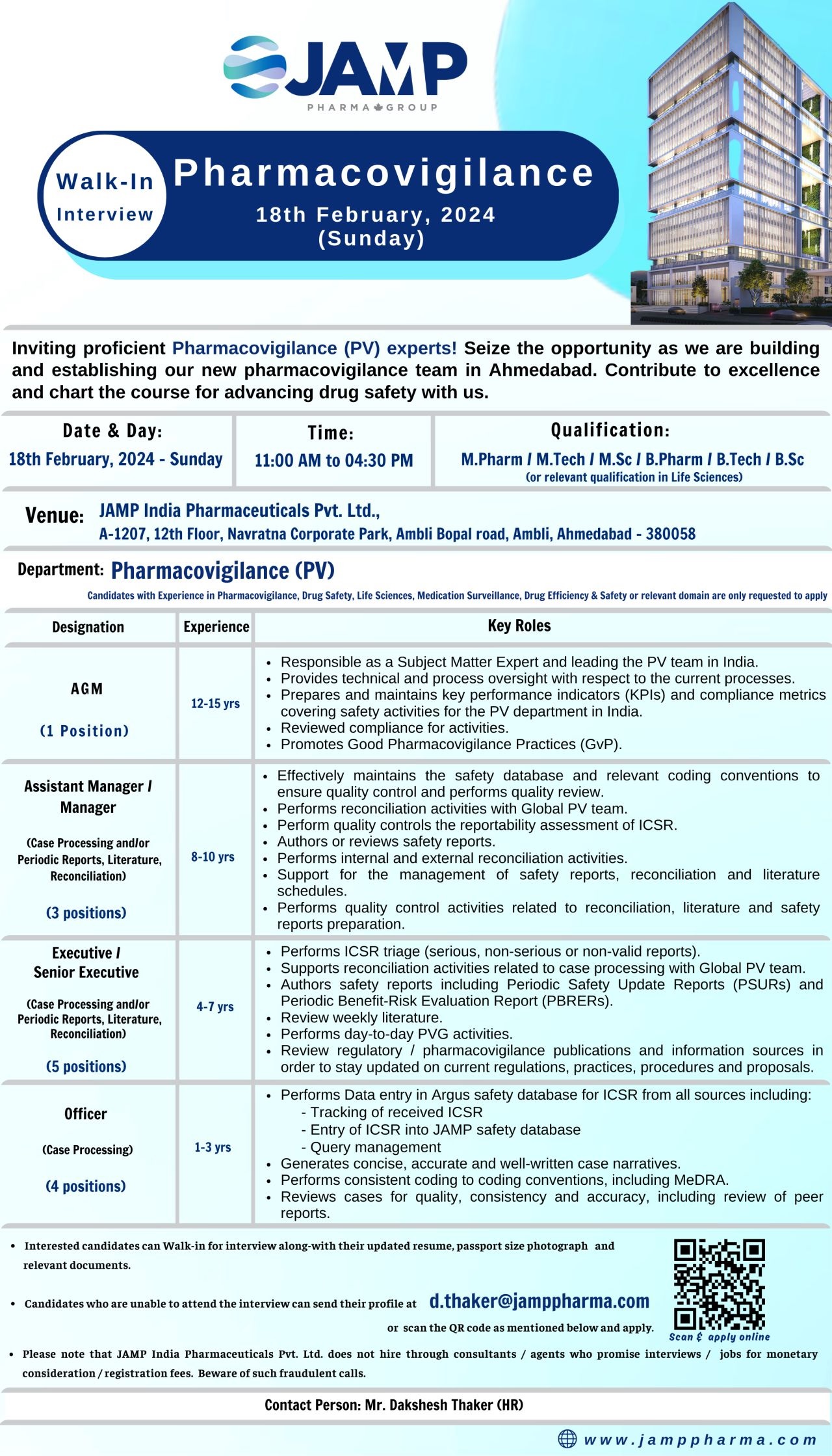 JAMP - Walk-In Interview for Pharmacovigilance (PV) on 18th February 2024